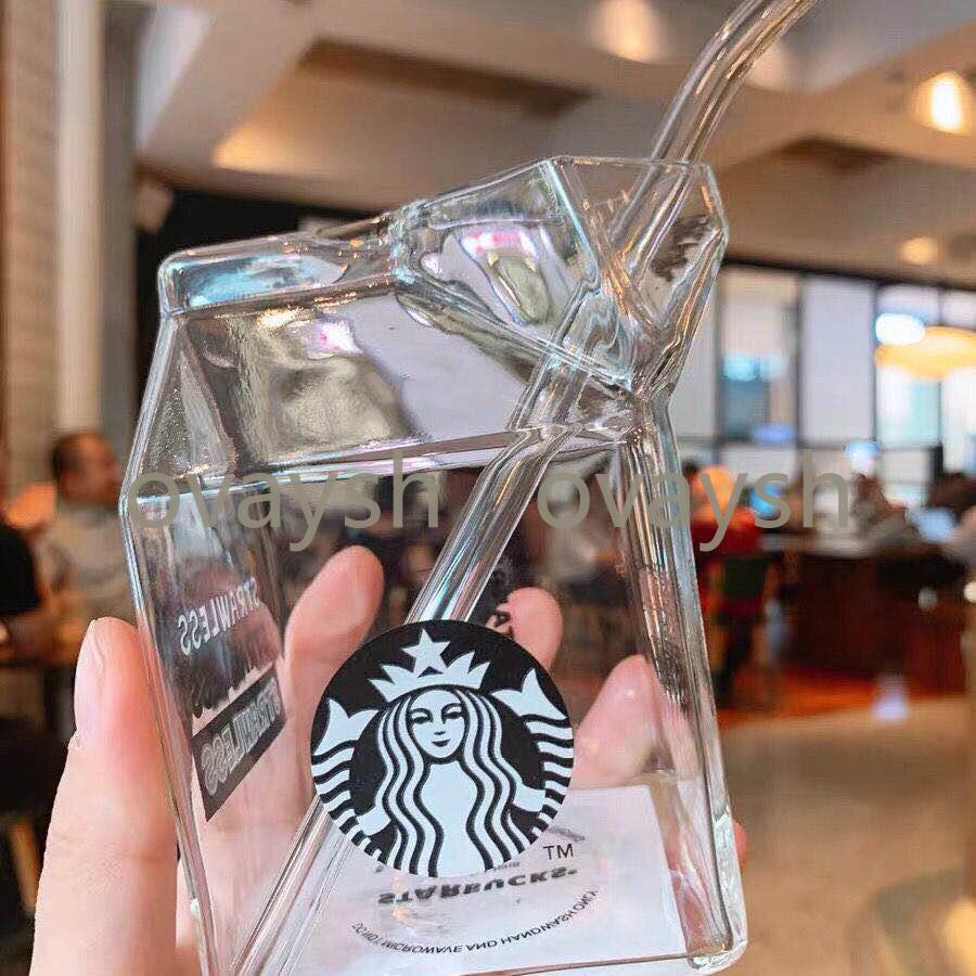 

300ML to 400ML Starbucks Mugs Milk Box Creative Design Glass Drinking Straw Cold Drink Cup, Clear