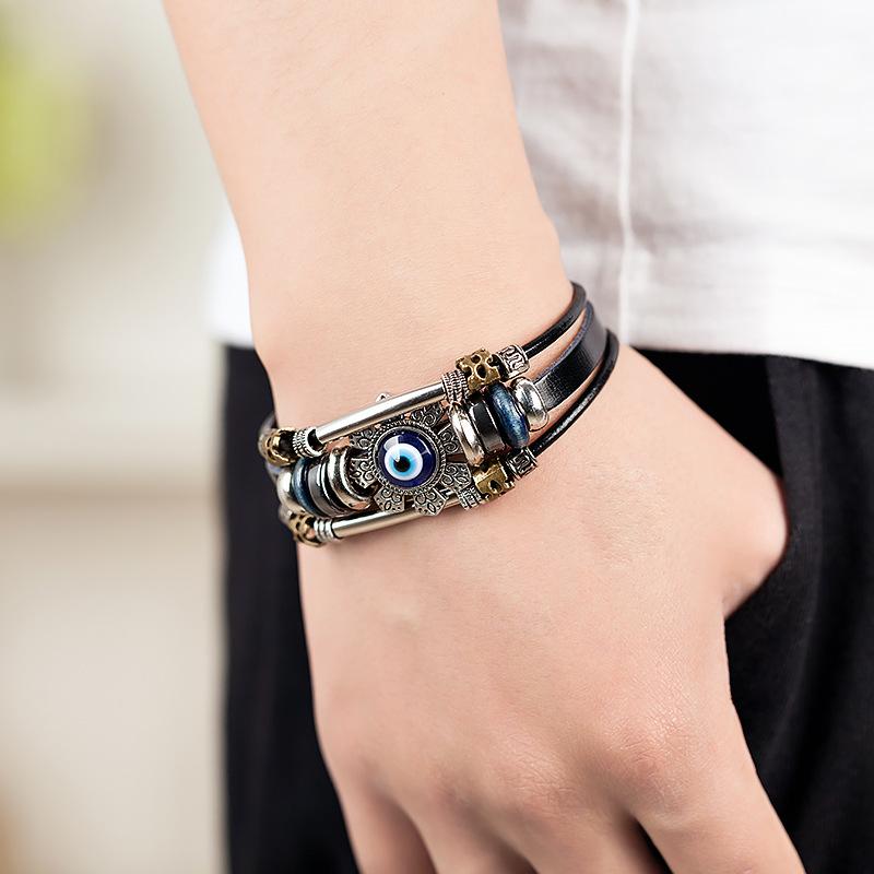 

Charm Bracelets Punk Turkish Evil Eye Stainless Steel Bend Multilayer Leather Bracelet Man Woman Flower Jewelry Bangle Bijouterie, Golden;silver