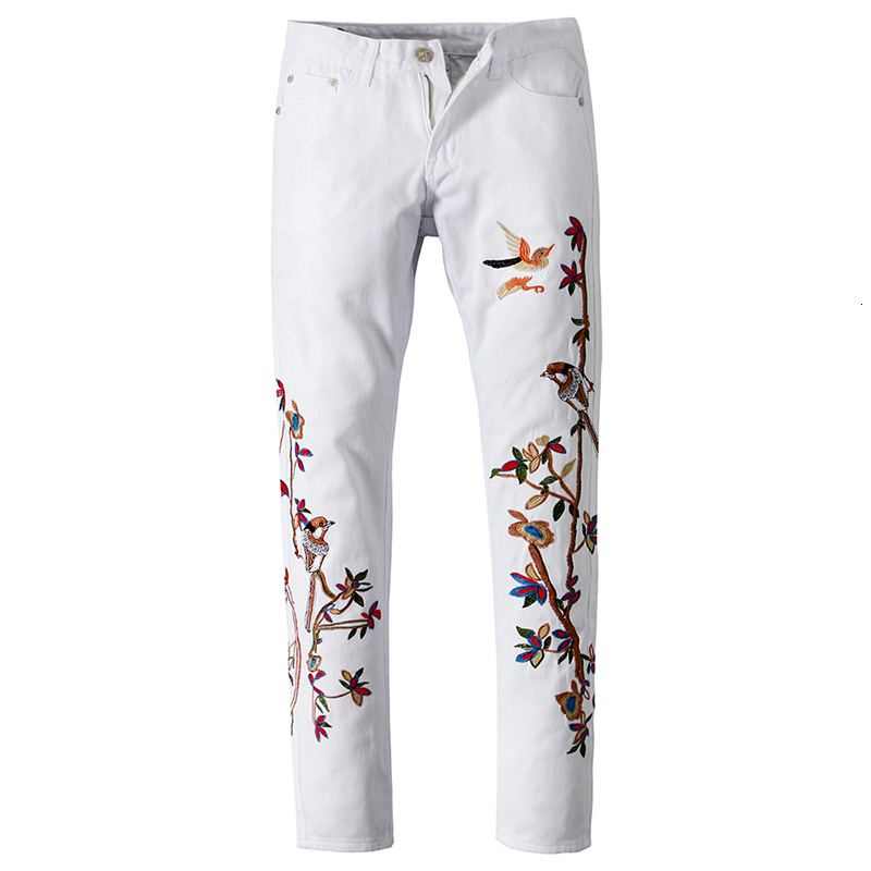 

2021 New Men's Male White Bird Embroidery Jeans Fashion Embroidered Slim Fit Straight Denim Pants Trousers 5hus, Beige