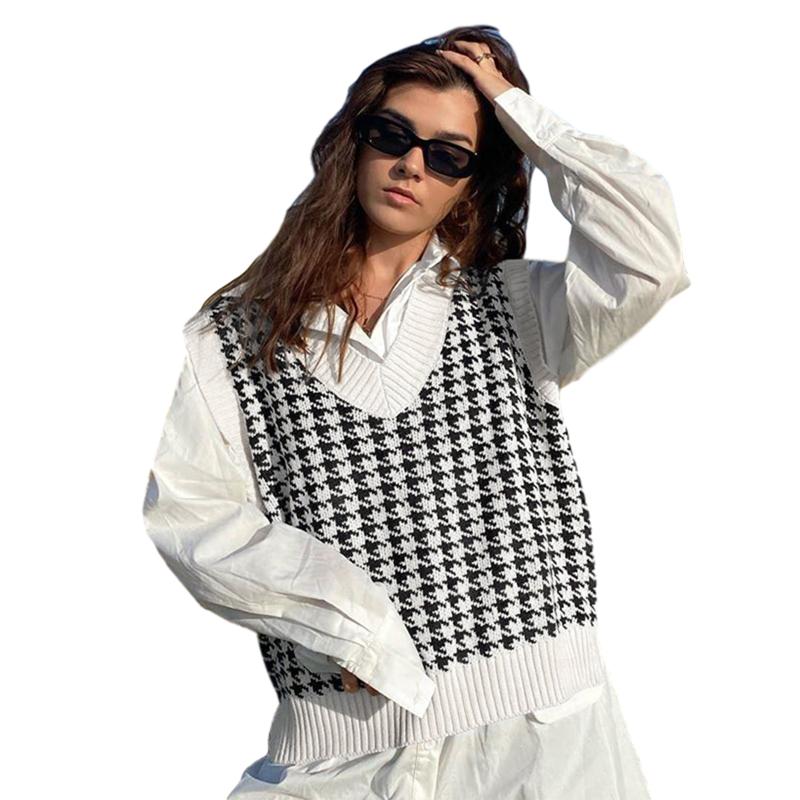 

Women's Blouses & Shirts Women Fashion Knitted Vest Sweater V Neck Sleeveless Houndstooth Loose Female Waistcoat Chic Tops Spring Sweaters O, White