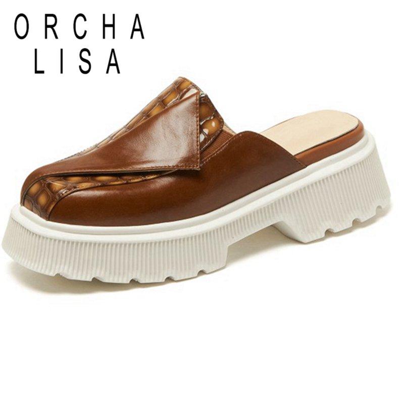 

Dress Shoes ORCHA LISA 2021 Platforms Women Slippers Genuine Leather Summer Casual Sandals Round Toe 5.5cm Square High Heel, Black