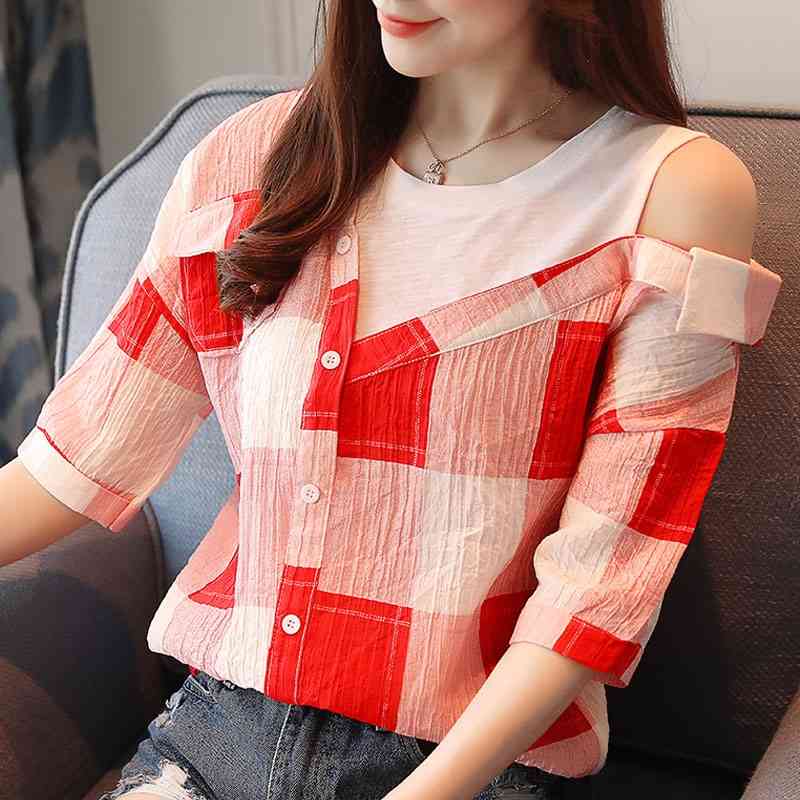 

Summer Blouse Shirt Short Sleeve Women Tops Blusas Mujer De Moda Blouse Women Plaid Chiffon Blouse Tops Women Clothes D100 210602, Blue