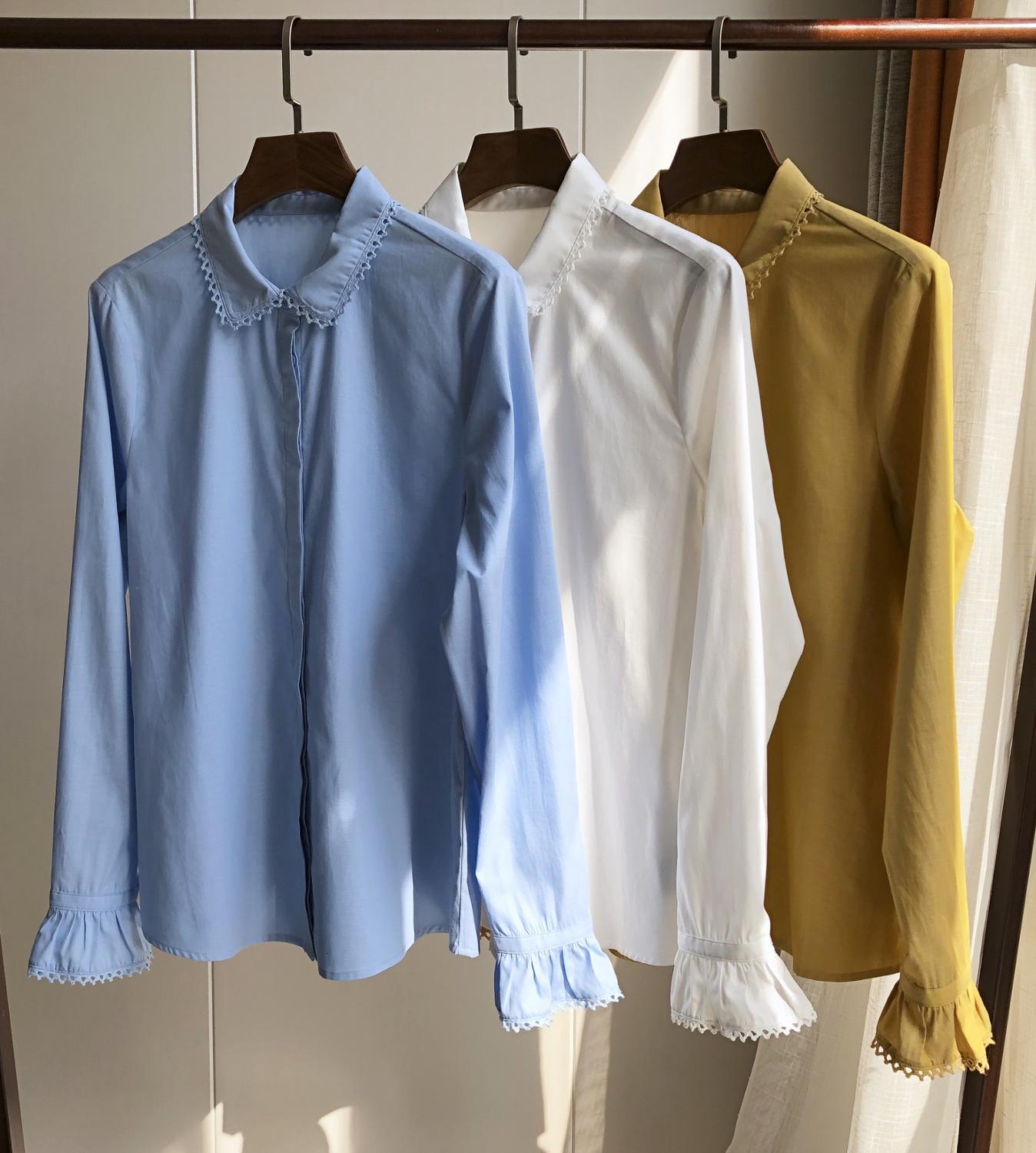 

2021 New Camisa Algodo Renda Gancho Mo Feminina Doce Peter Pan Collar Blusa De Manga Comprida V11r, Black