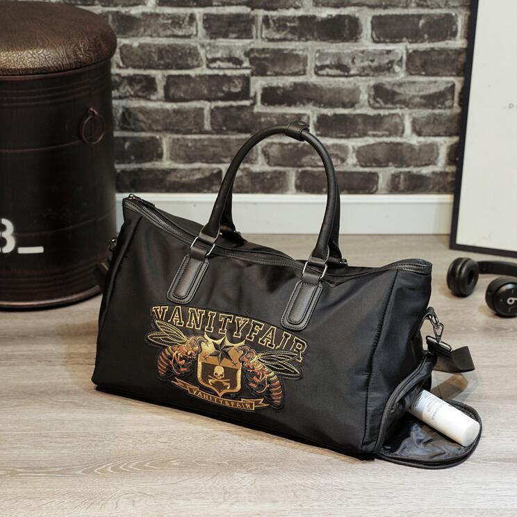 

Factory men bag exquisite embroidery handbags outdoor fitness waterproof Oxford cloth leisure bags large capacity embroiderys travel handbag, Black