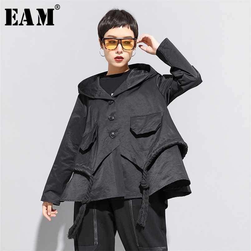 

[EAM] Loose Fit Black Asymmetrical Split Big Size Short Jacket Hooded Long Sleeve Women Coat Fashion Spring 1N797 211029