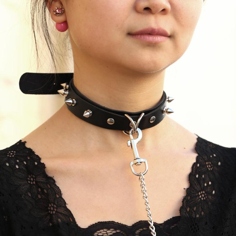 Chokers Sexy Rivet PU Leather Collar Lead Chain Towing Rope Bell Choker Slave Costume BDSM Bondage Necklace Neckband Sex Punk Goth Toys-image-728719069