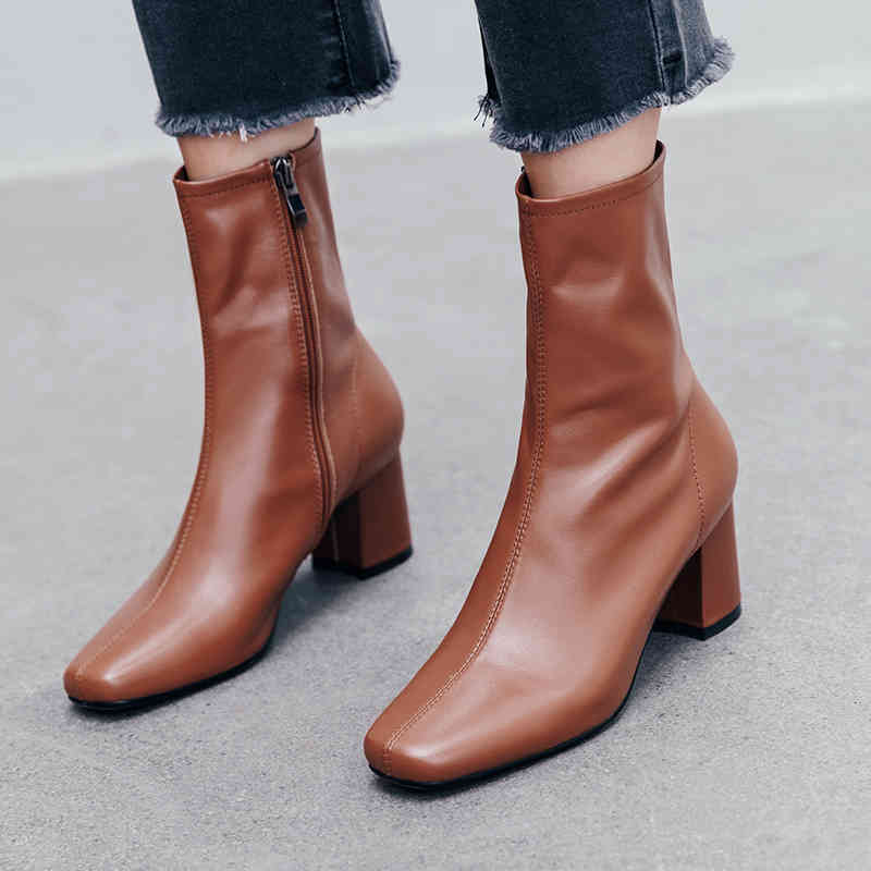 

boots natural leather women ankle layer cowhide pigskin lining outdoor booties woman ankle boots solid color side zipper idhq, Black