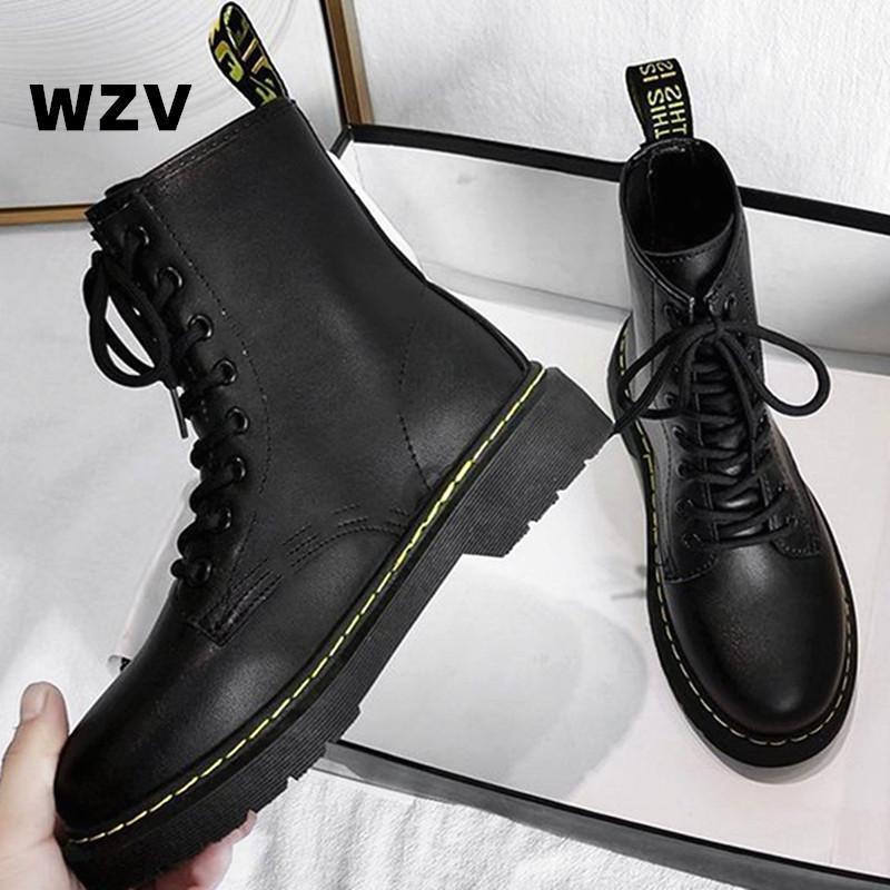 Boots Women Motorcycle Flat Shoes Woman PU Leather Lace-Up Black Girls H454