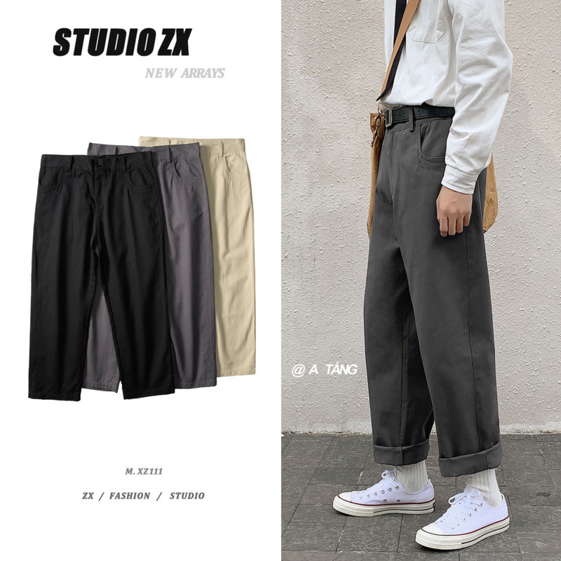 

2021 New Cotton Casual Men's Fashion Solid Color Retro Wide-leg Men Streetwear Korean Loose Straight Pants Mens Trousers Saon, Gray