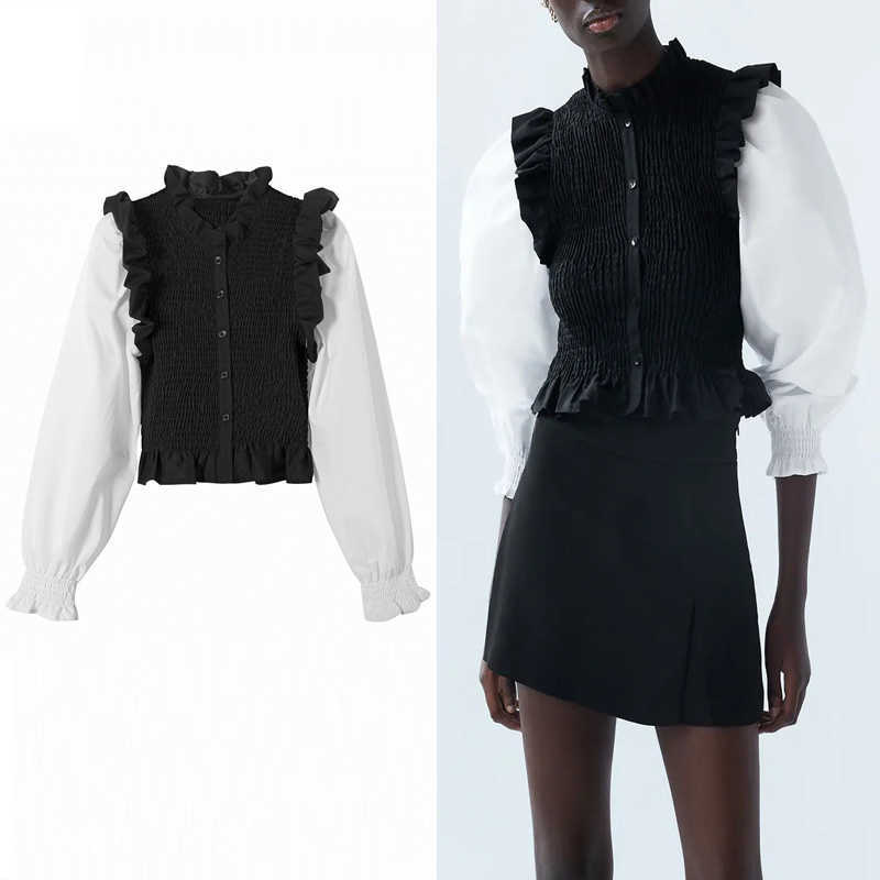 

Za Combination Elastic Smocked Blouse Women High Collar Long Puff Sleeve Top Female Fashion Front Button Patchwork Shirts 210602, Black