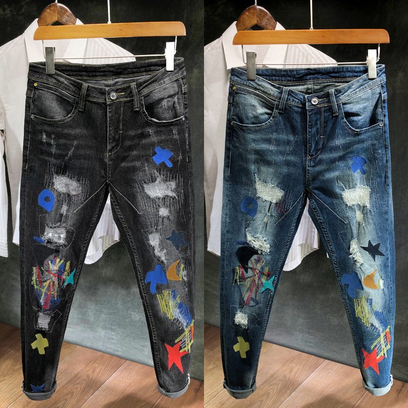 

2021 New Fashion Streetwear Slim Fit Elastic Ripped Men Patches Designer Embroidery Pencil Pants Hip Hop Jeans Homme Nzfs, Blue