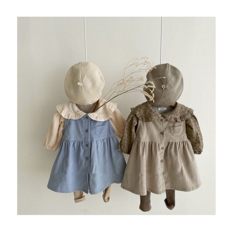 

New Korean Clothes 2021 Spring Kids Girls Retro Corduroy Cotton Princess Baby Wear 7j31, Khaki