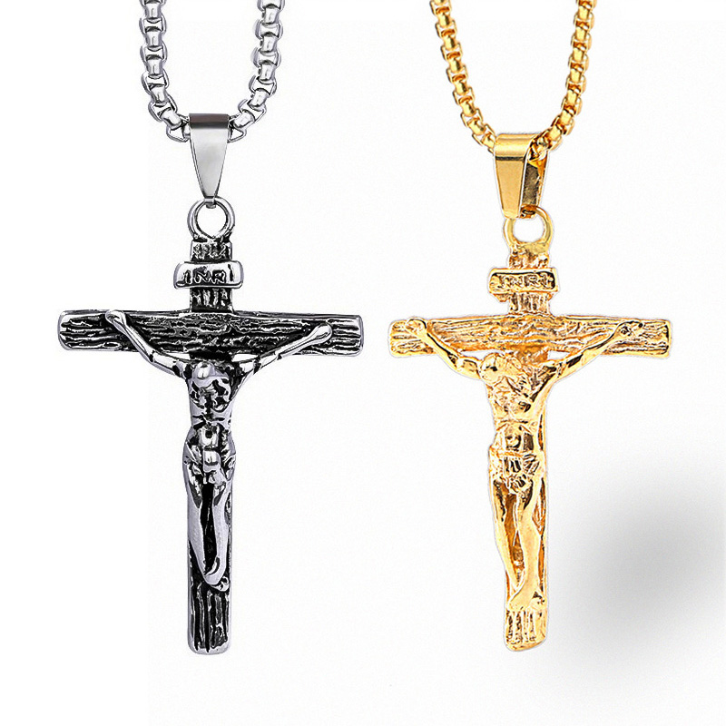 

Unisex Men's Stainless Steel Pendant Necklace Christian Cross Crucifix Jesus Patron Saint with Rolo Chain