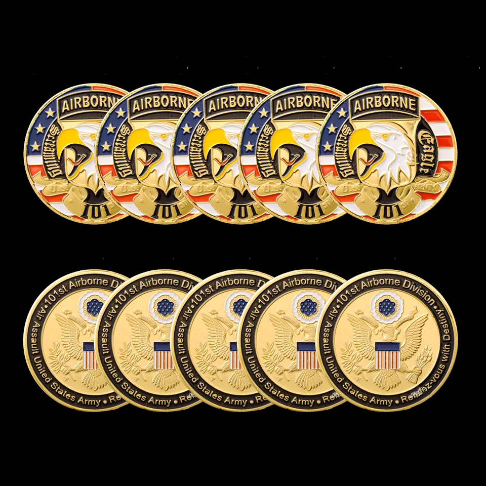 5pcs Non Magnetic American 101St Airborne Division Air Force Challenge Gold Plated Coin 1.57"*0.12" Operation Iraqi Freedom Souvenir US-image-707570410