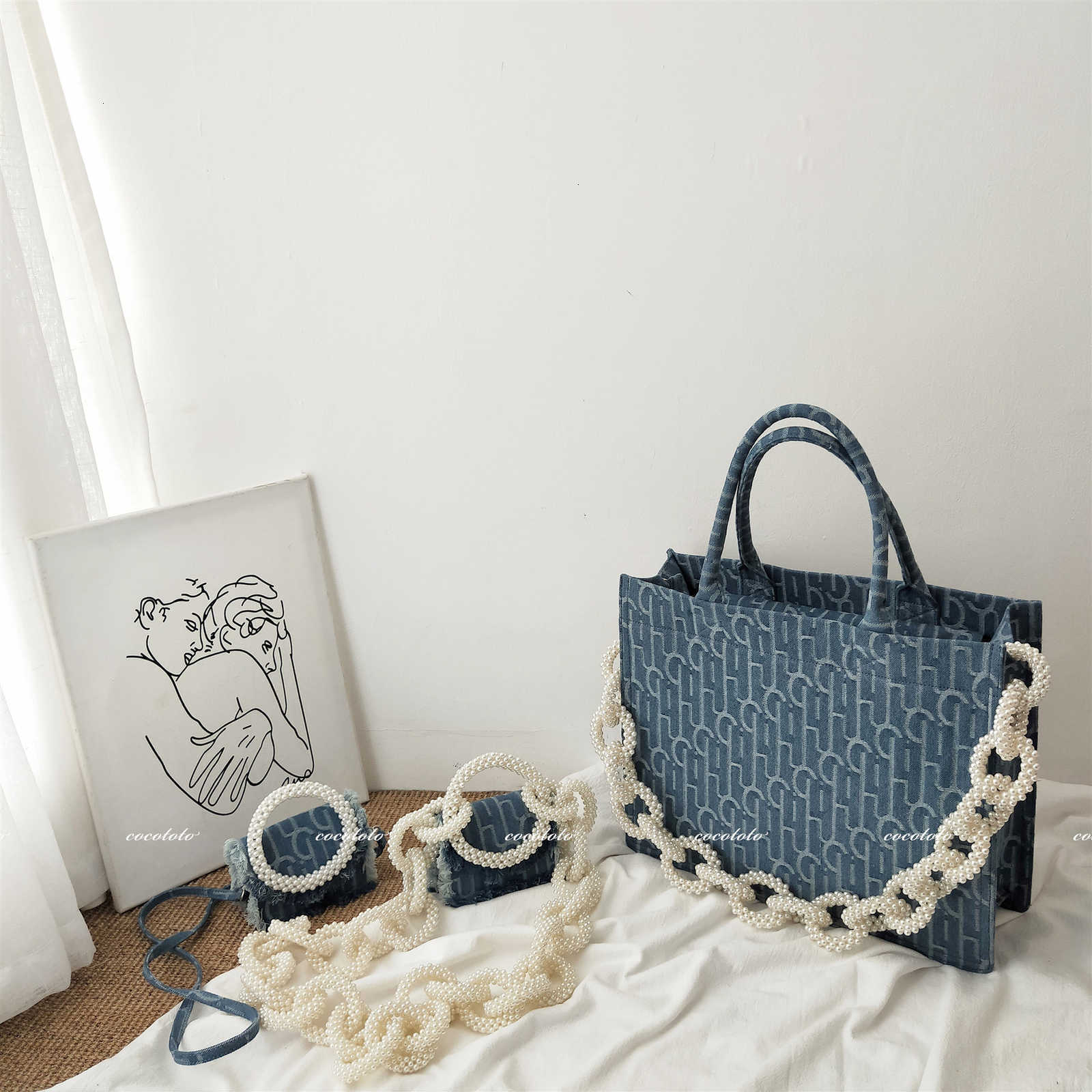 

75% OFF 2021 new wanghong Xige same pearl denim handbag printed letter large capacity Tote Bag