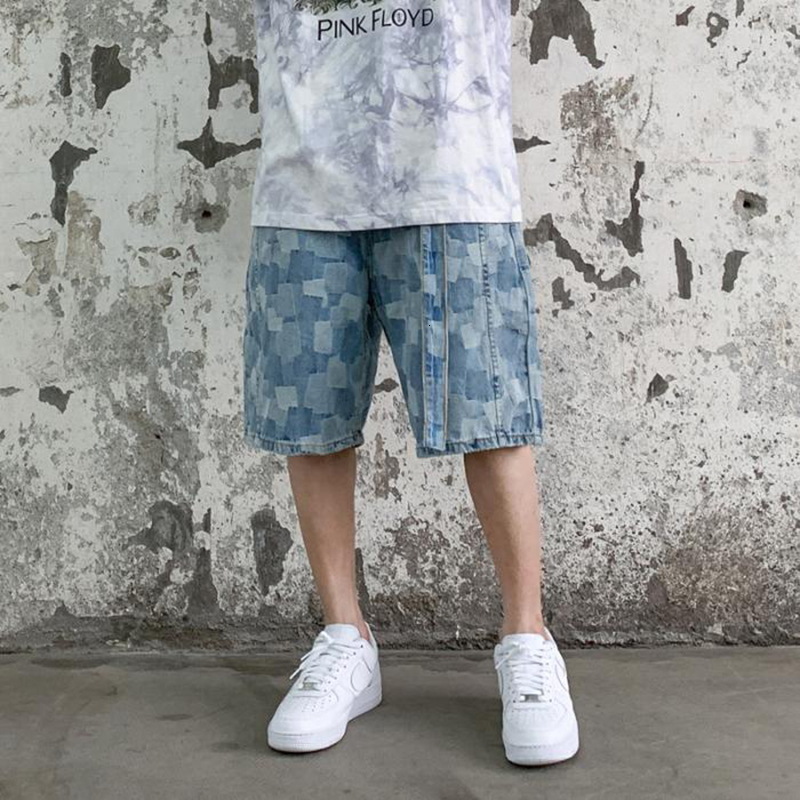 

2021 New Harajuku Faixas Xadrez Calas De Brim Dos Homens Streetwear Oversize Reta Shorts Jeans Rasgado Perna Larga Vero Cales Casuais Q9ql, Blue