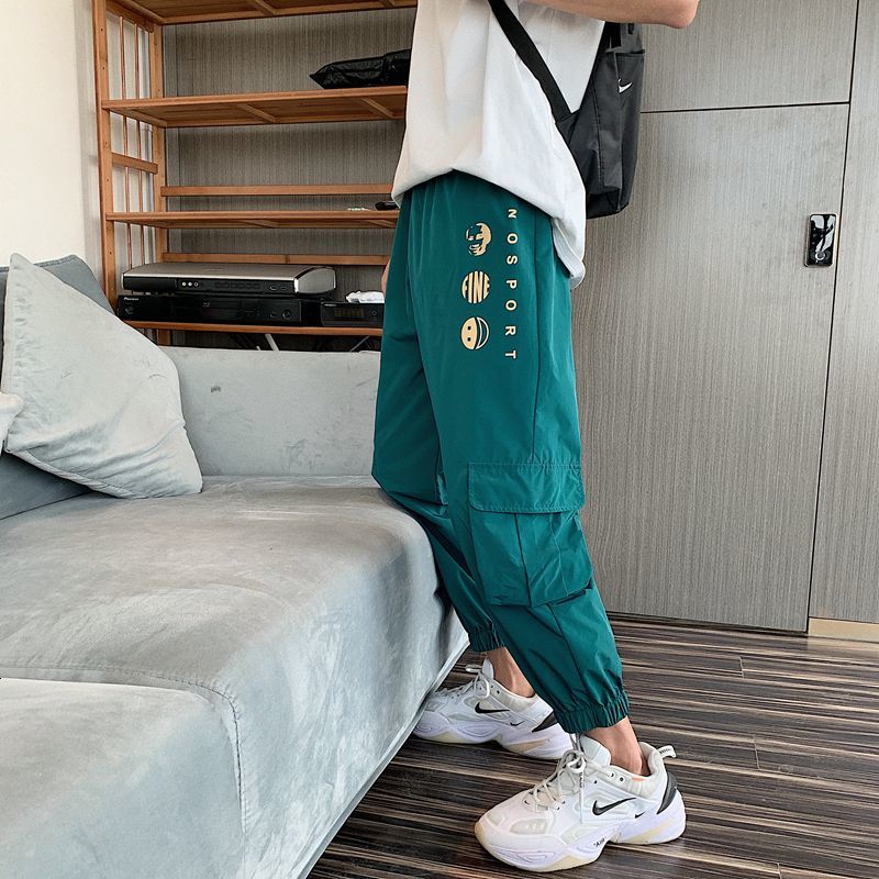 

2021 New Men' Casual Spring Summer Small Feet Neutral Hip Hop Ribbons Cargo Joggers Pants Rpir, Black