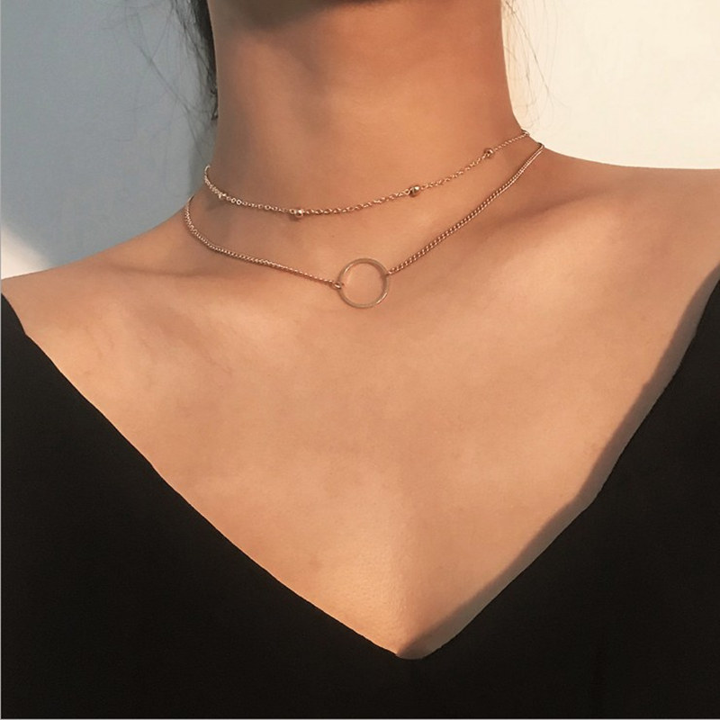 

Beads Chain Double Layers Choker Necklace For Women Two Layers Round Necklace Gold Color Chocker Collier Femme Collar Ras Du Cou