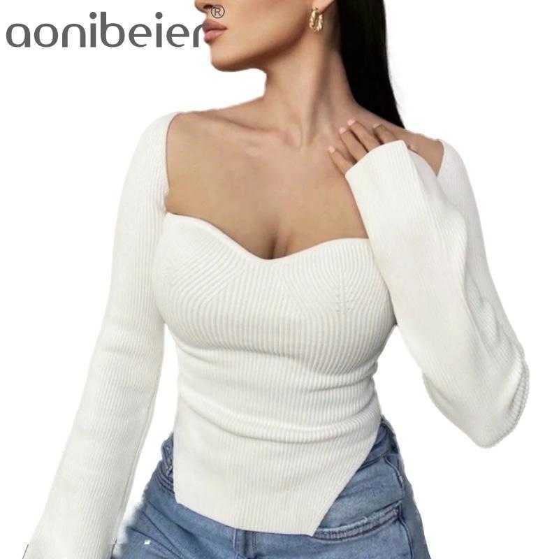 

Long Sleeve Square Neck Vintage Knitted Sweater Women Irregular Sexy Solid Pullovers Jumper Outwear Clothing 210604, White