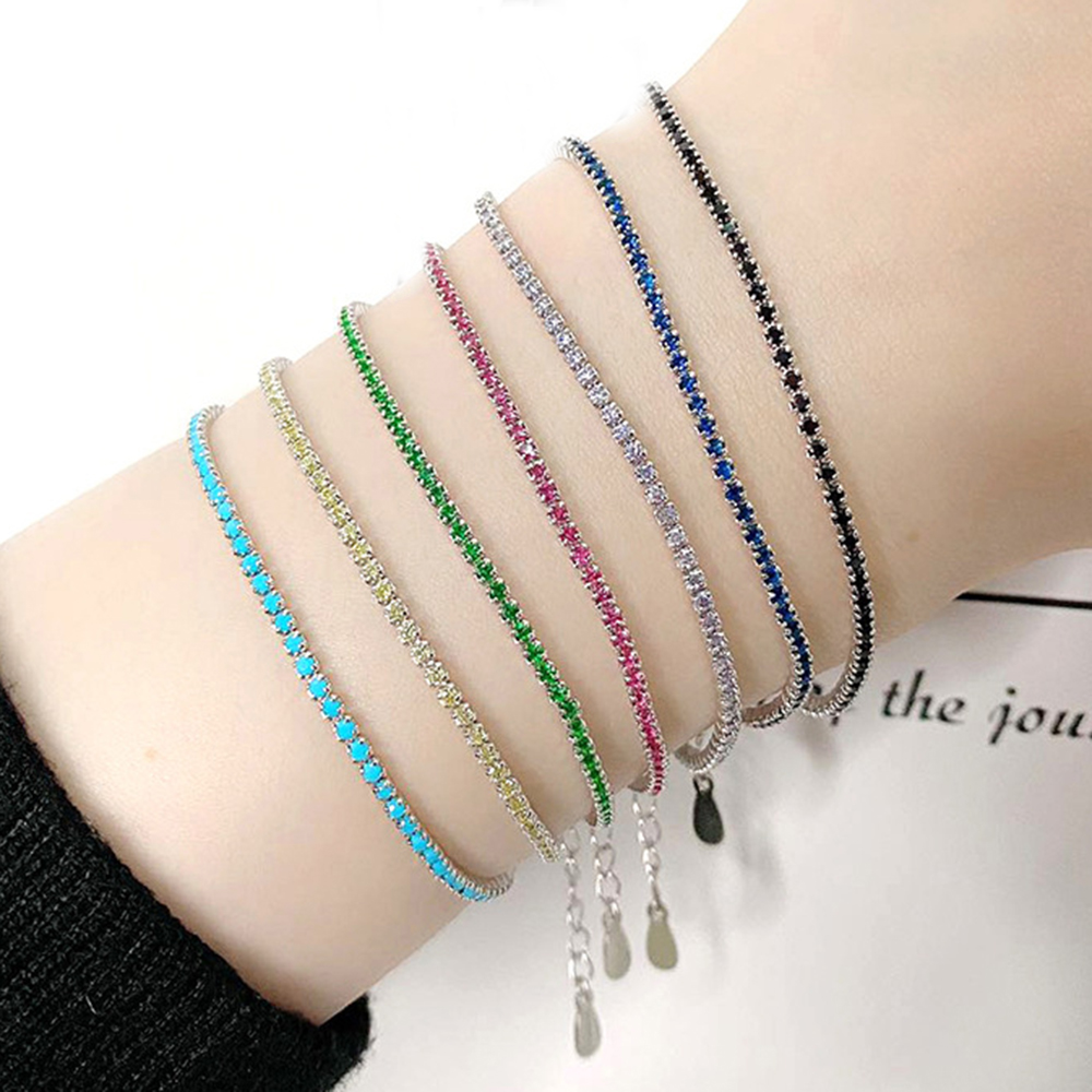 

Pure Silver Tennis Bracelet Pave 1.5 mm Ruby/LT Blue/Turquoise/Montana/White/Jet/Pink/Golden/Green Color Zircon Real 925 Jewelry