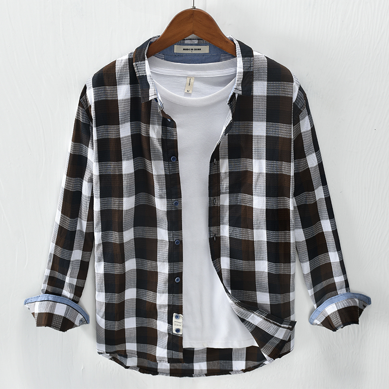

2021 New 100% Manga Comprida Outono Xadrez Masculina Algodo Marca Para Homens Camisa De Moda Casual Camisas Masculinas 3viv, Blue