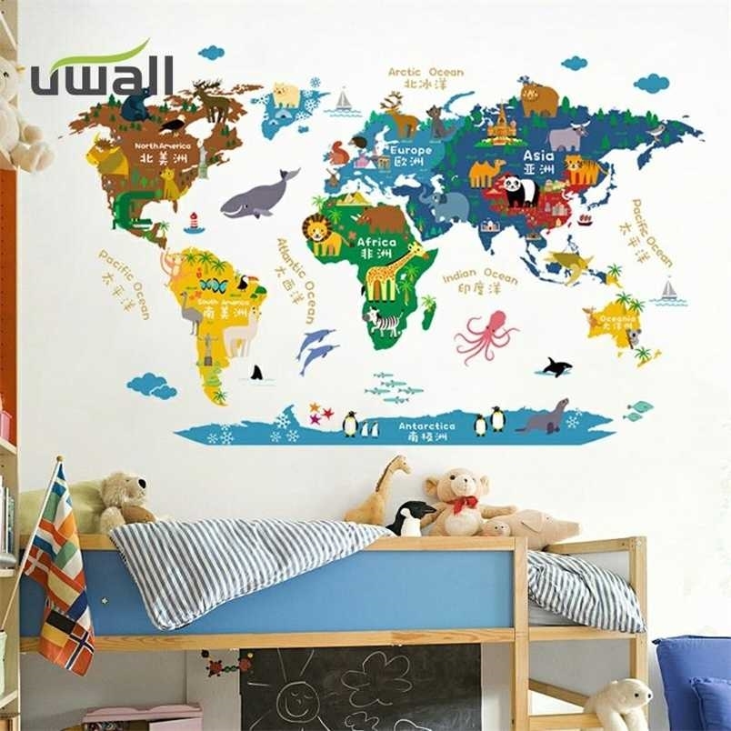 

Creative Cartoon World Map Early Education Wall Stickers Child Bedroom Kids Room Decoration Home Decor Self Adhesive Stickers 211124