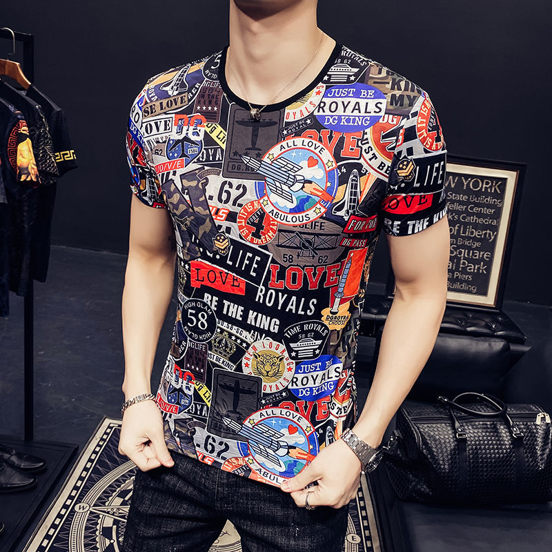 

New Korean Men T-shirt Print Sleeve Tshirts 2021 Spring Social Club Outfits Streetwear Casual Top Ice Silk Male Short Tee Rv7e, Picture color