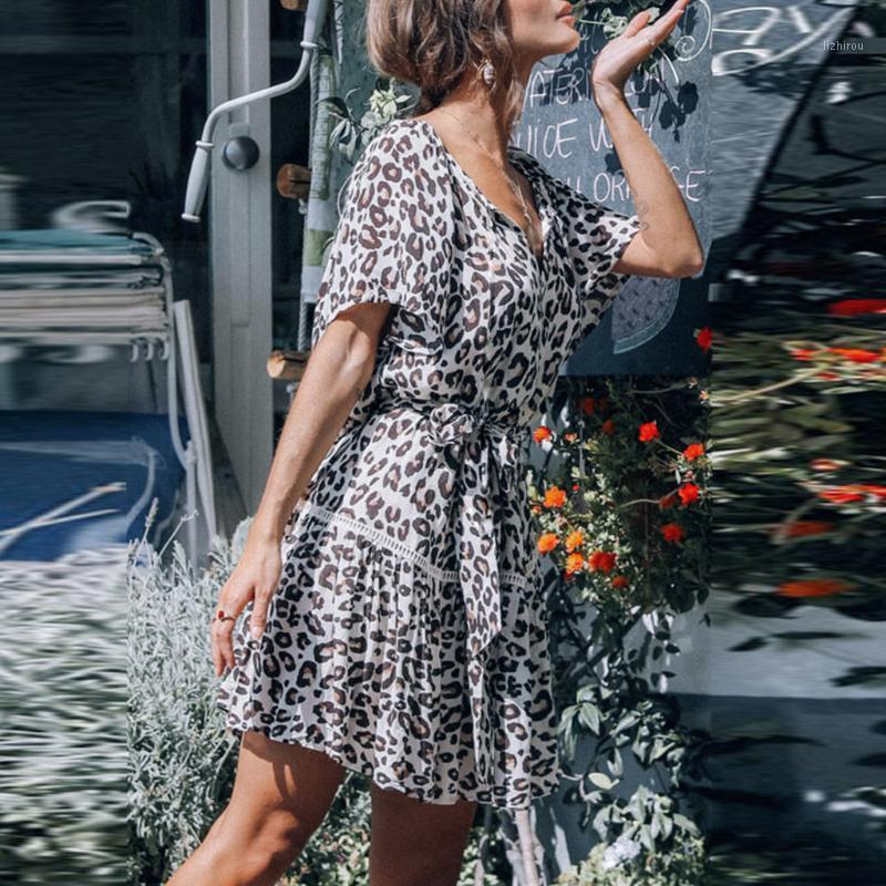 

Women Chiffon Short Sleeve Leopard Print Fashion V-Neck Mini Dress Summer Party Bohemian Beach Vestidos Robe Women' Swimwear, Gray