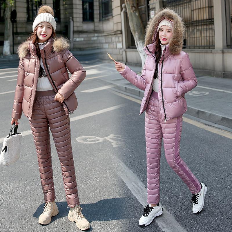 

Women's Two Piece Pants 2021Winter Women Cotton-Padded Down Hooded Parka Glossy Warm Coat Jacket Cotton Trousers Suits Female Casual Set, Pink