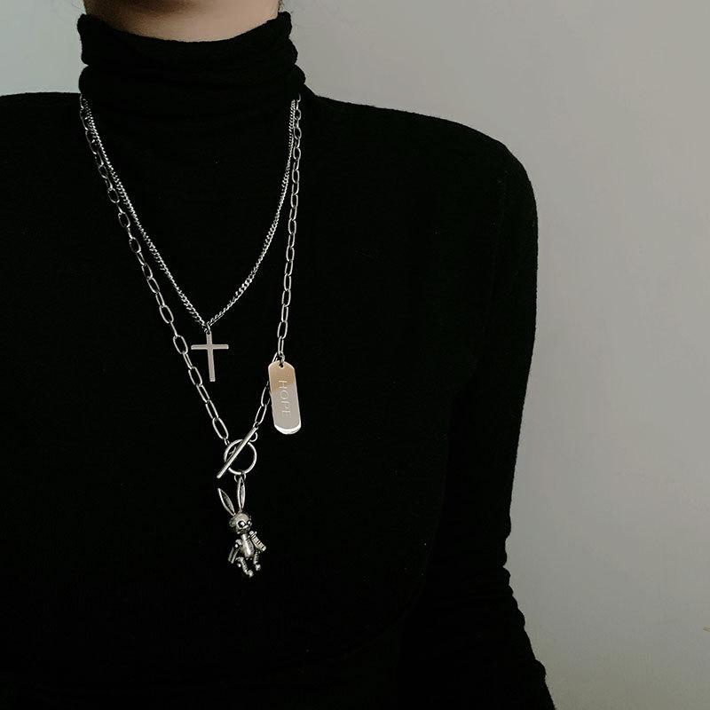 

Pendant Necklaces Titanium Steel Double Layers Long Chain Cross Pendants Necklace For Women Men Female Hip Hop Punk Jewelry