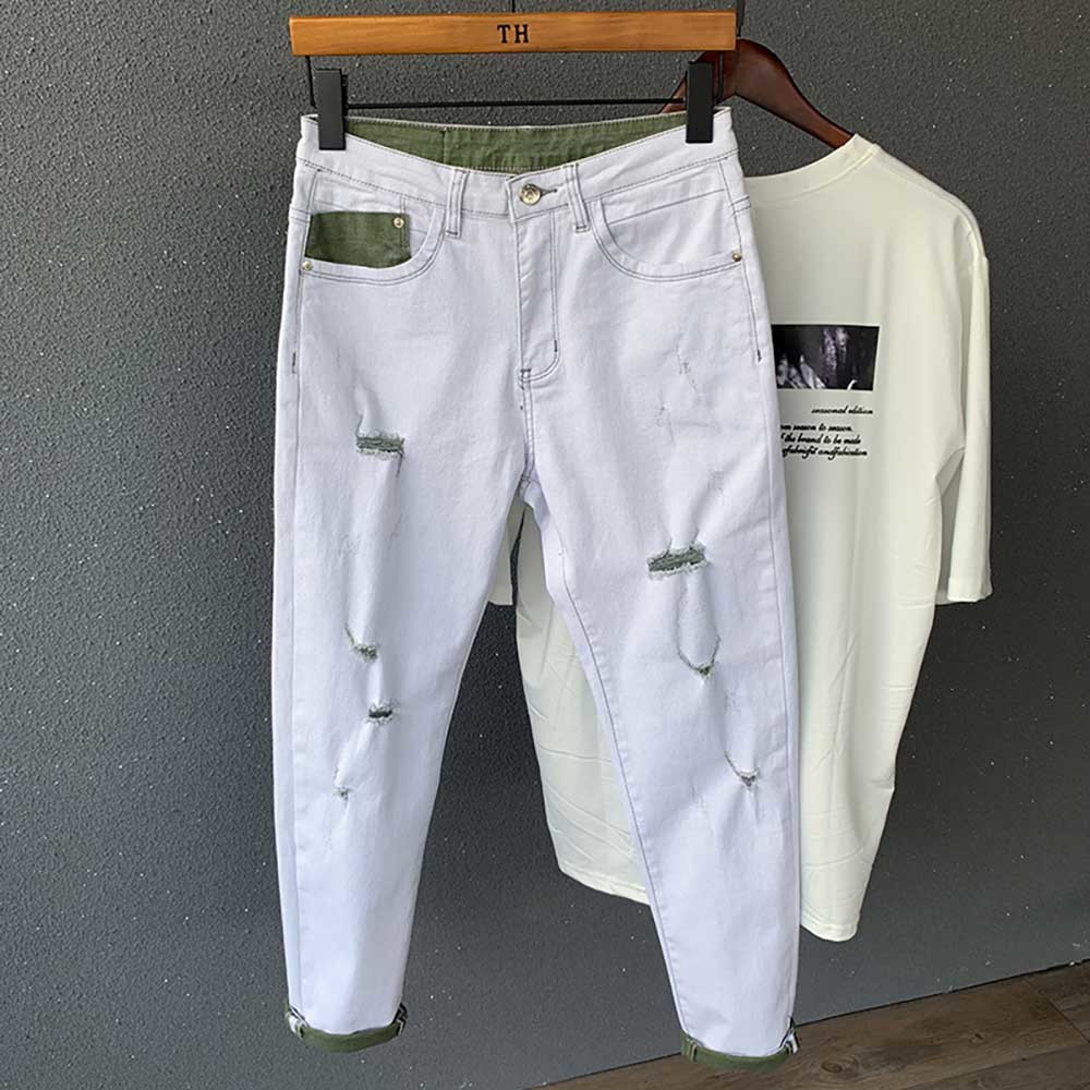 

2021 New Torn White Shape Man Breeches Thin Ankle-length Hallways Jeans Casual Men's Clothes Dglp