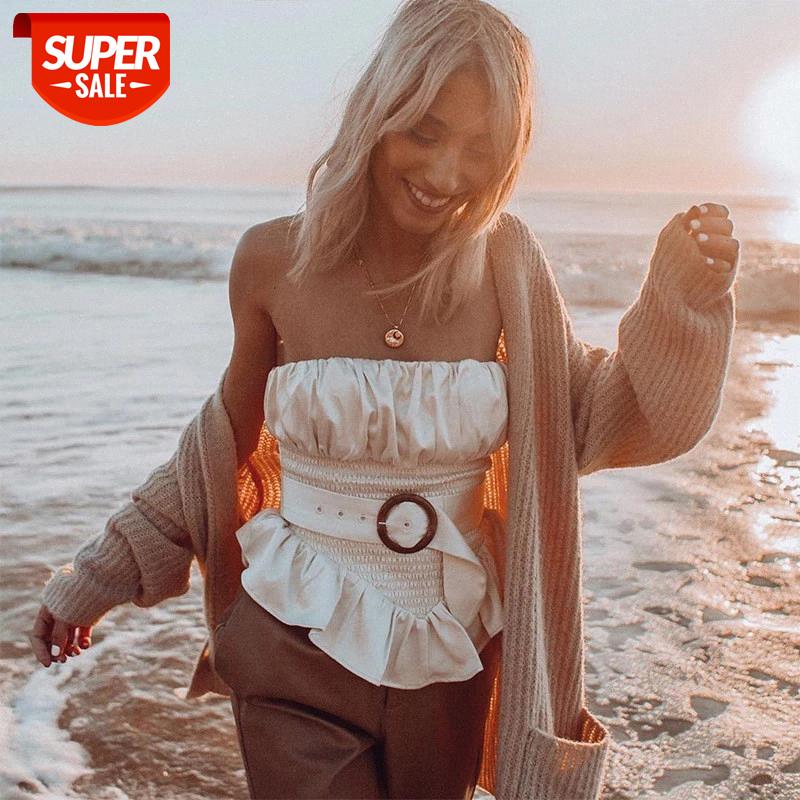 

Off Shoulder Women Tank Vest Crop Tops Sexy OL Strapless Slash Neck Ruffles White Waistband Tank Vest Bustiers Corsets #i45l