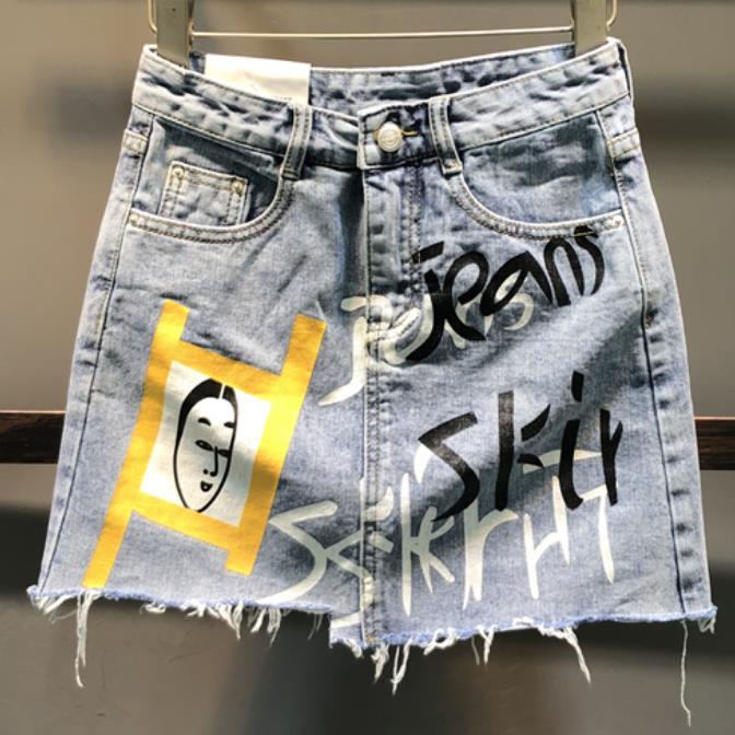

Skirts Tassel Denim Skirt 2021 Summer Fashion Women Printed Light Blue Mini Jeans