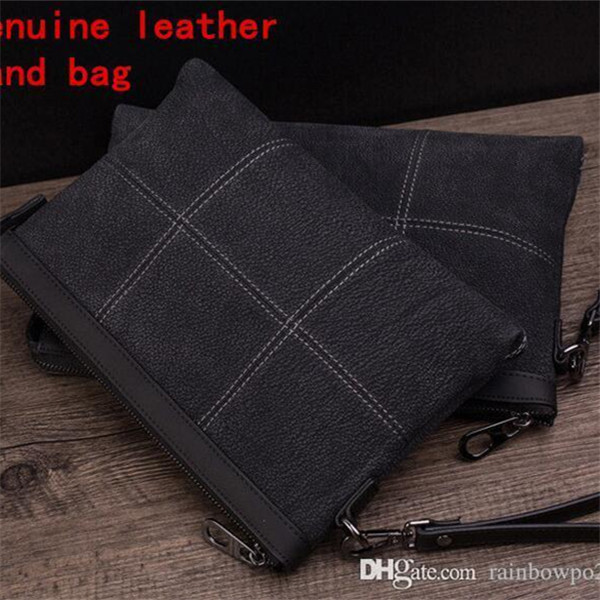 

Factory wholesale men bag original ecological double-sided cowhide mens hand grip wear resistant grid leather casual hands wallet fashion leathers handbags, Trumpet lattice