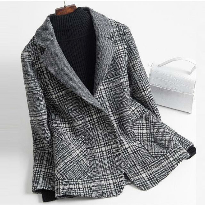 

2021 New Gray Plaid Woman's Mid-length Length Heavy Winter Fitting Matching Wool Jacket Lady in Office Blazer Women's Clothes Y37w, Games