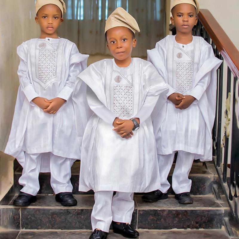 

Ethnic Clothing H&D 2021 African Clothes For Kids Boys Long Sleeve Tops Embroidery Dashiki Robe Shirt Pant Set 3 PCS Agbada Suit Children At