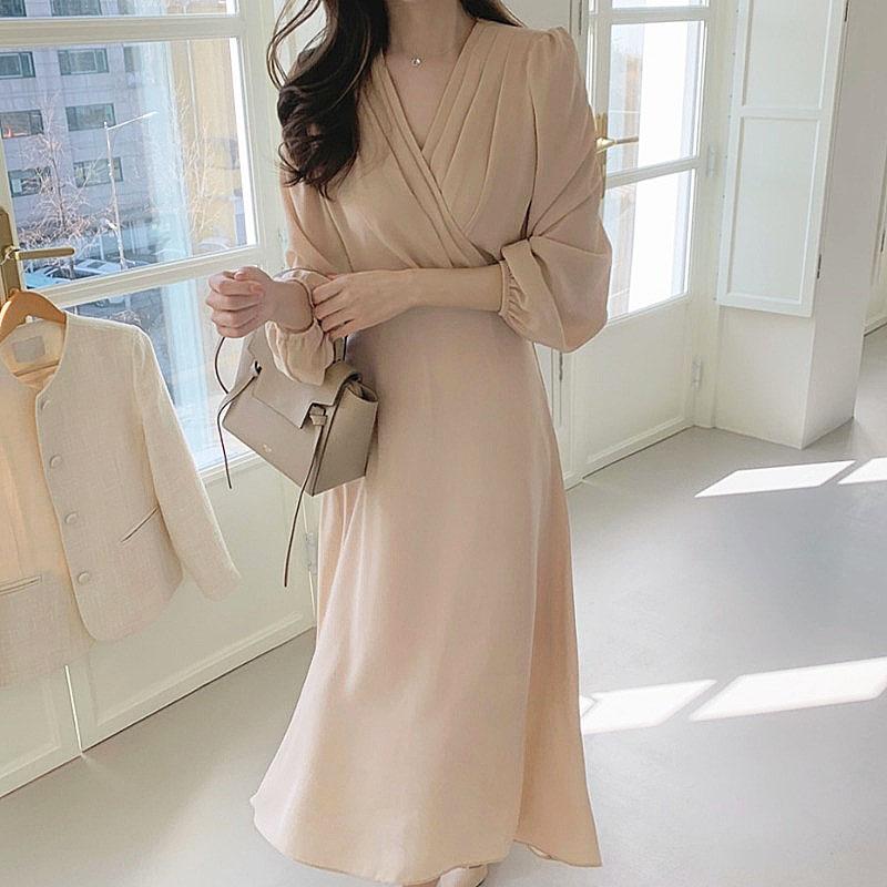 

Casual Dresses Korean Chic Slim Temperament A Line Puff Long Sleeve V Chiffon Dress Women Solid Thin Elegant Vestido Feminino Fresh Sweet, Black;gray