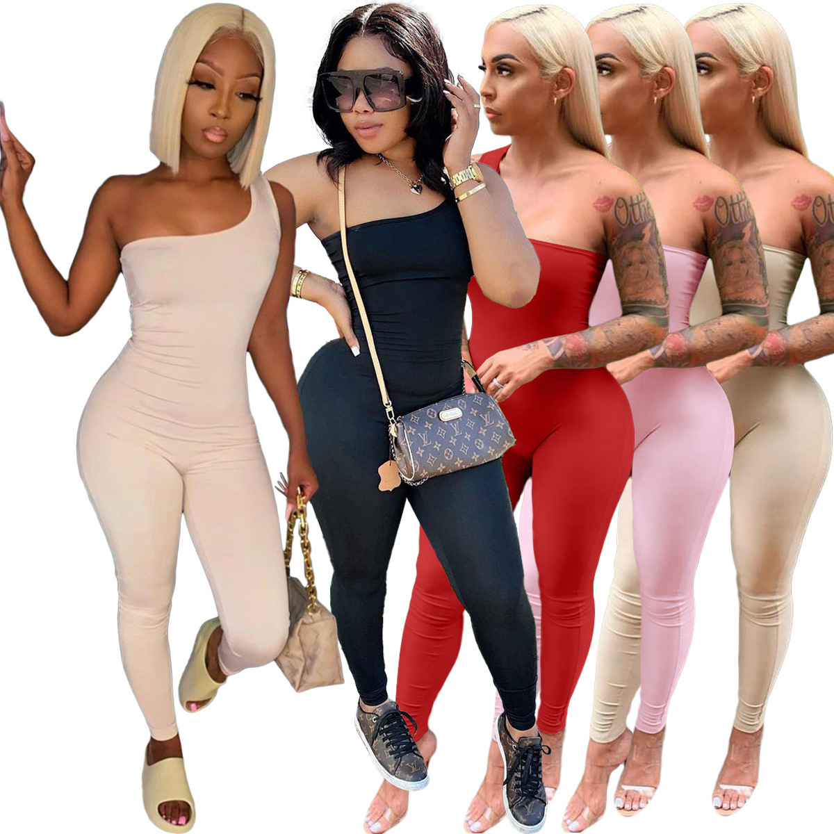 summer women sexy Jumpsuits 2021new style Ladies One-shoulder Sleeveless Hip-up Rompers Fashion Slim One piece Sports Jumpsuit 1036-image-582817731
