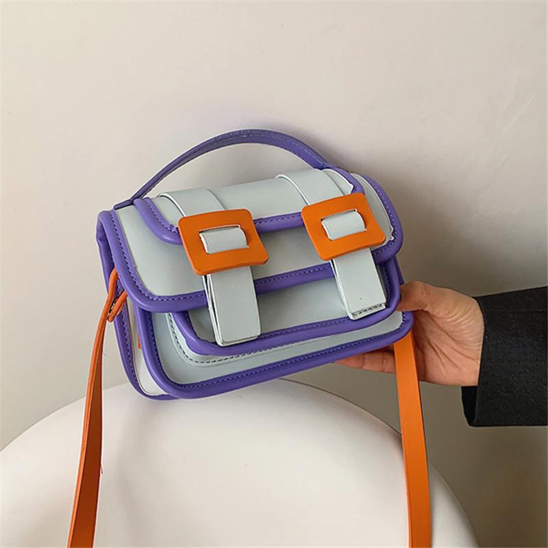 

Contrast Color PU Leather Small Square Shoulder Bags for Women Clamshell Designer Retro Handbags Ladies Fashion Messenger Bag, Blue