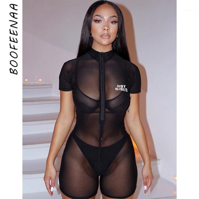 

Women's Jumpsuits & Rompers BOOFEENAA Reflective Letter Black Mesh Fitted Romper Women Sexy Playsuit See Through Zipper Bodycon Jumpsuit Sho, Black;white