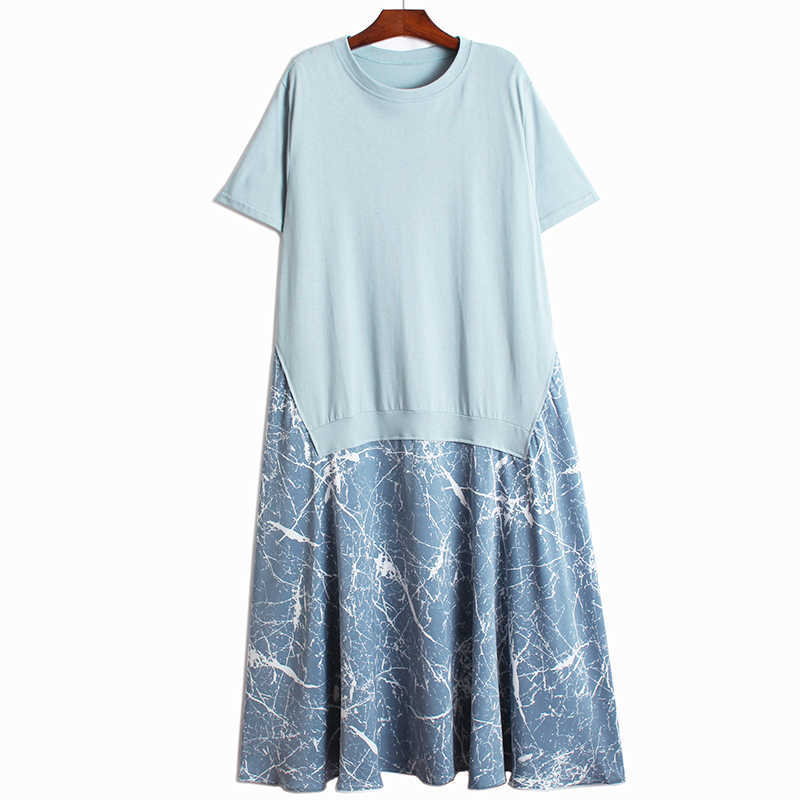 

VANOVICH Printed Stitching Fake Two-piece Short-sleeve Women Dress Korean Style Spring and Summer Casual Clothing 210615, Grey