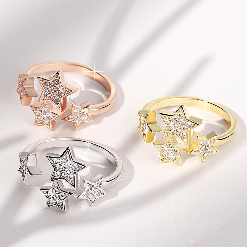 

Cluster Rings Double Fair Adjustable For Women Little Star Exquisite Personality Cubic Zirconia 3 Color Party Gift Fashion JewelryKBR072, Golden;silver