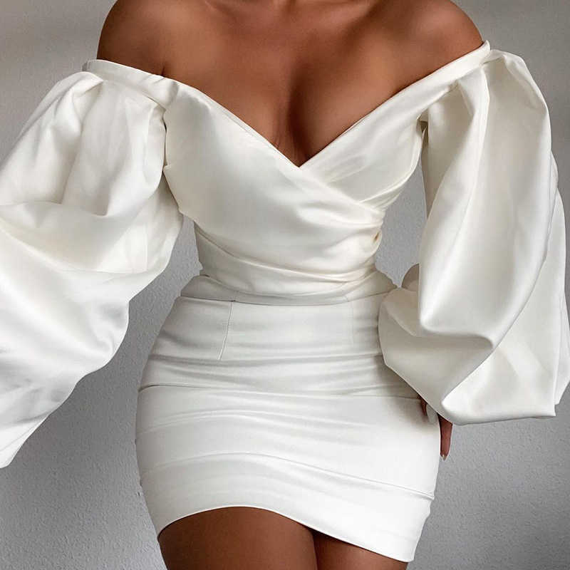 

Fashion Solid Sexy Shoulder Bag Hip V Neck Lantern Sleeve Sheath Above Knee, Mini Summer Dresses for Women 210615, White