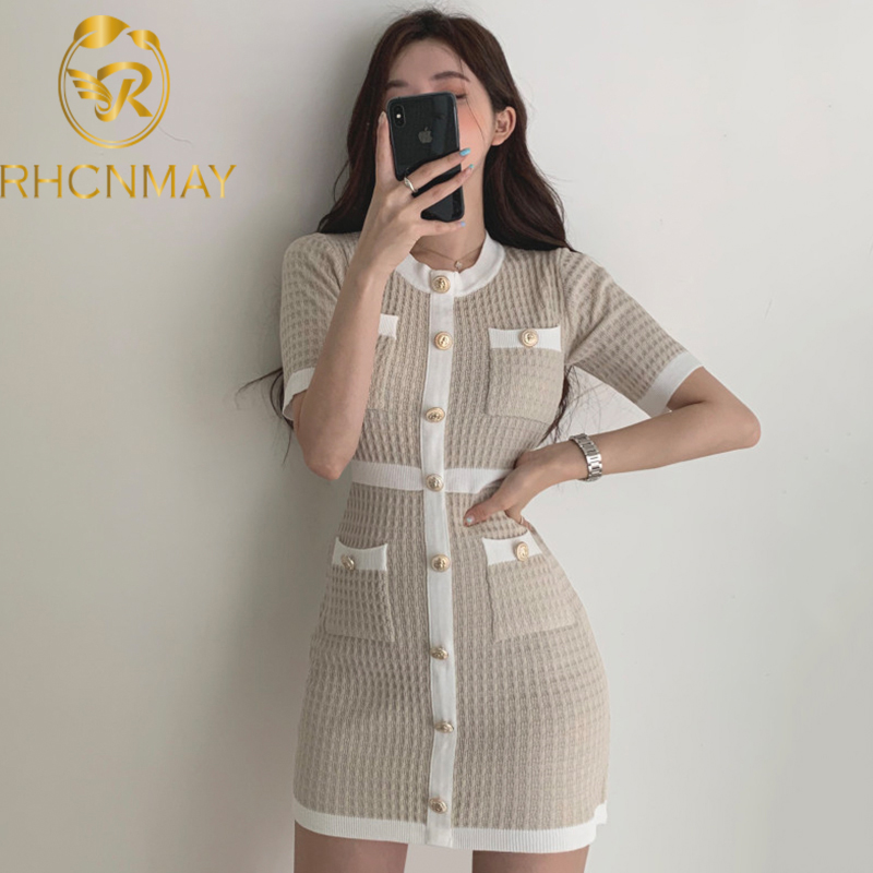 

2021 summer girls fashion sheath short sleeve buttons thin dresses ladies mini patchwork elastic sweater dressswimwear bathing suits sw, Black;gray