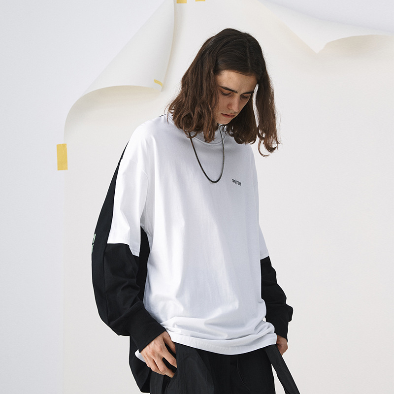 

wxwovdy spring and autumn guochao brand tee dark loose bottomed shirt fake two casual long sve t-shirts, White;black