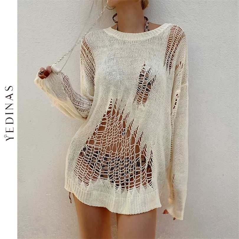 

Yedinas Hollow Out Sexy Sweater Women Loose Knitted Tops Hole Thin Pullovers Long Sleeve Oversized Streetwear American Style 90s 211018, Beige
