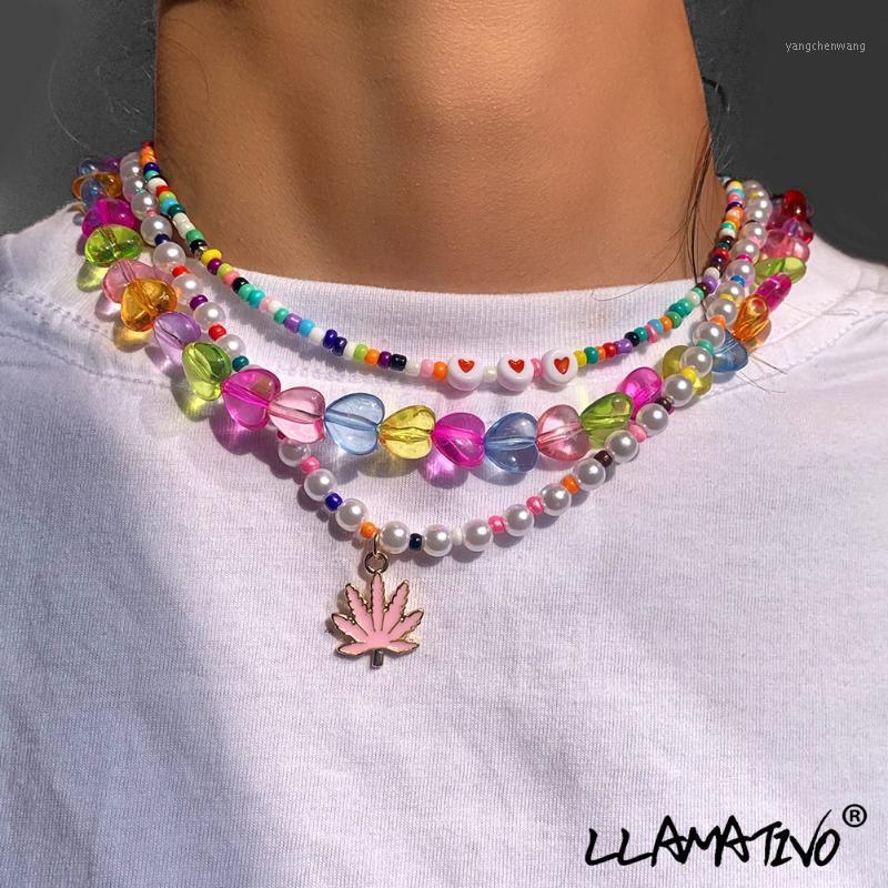 

Chains Korean Colorful Heart Pearl Seed Beads Choker Necklaces For Women Simple Beaded Chain Pendant Necklace Jewelry Gifts