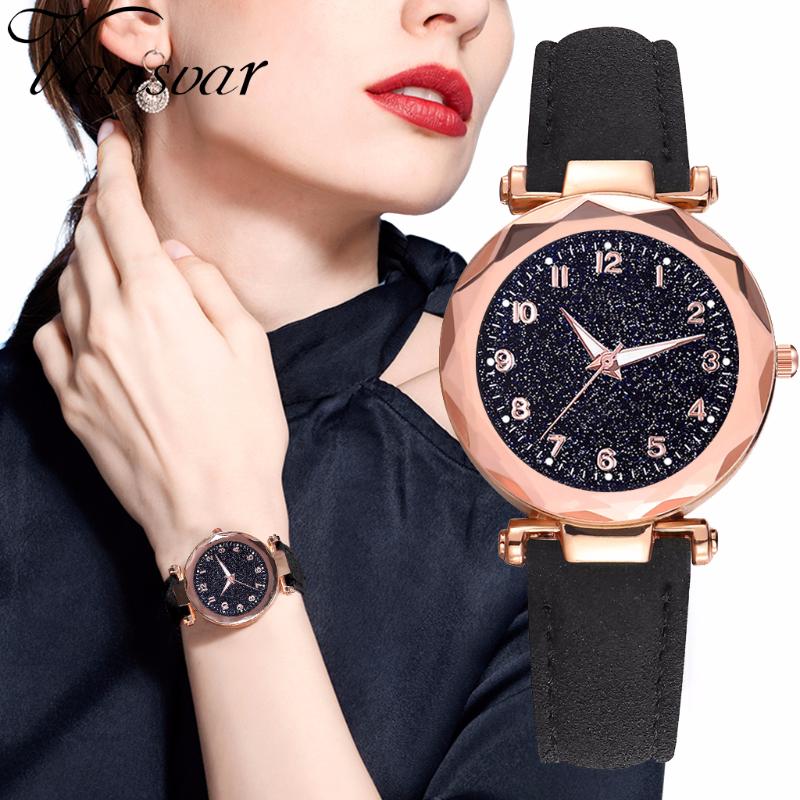 

Wristwatches Women Leather Starry Sky Luminous Watch Luxury Ladies Quartz Watches Female Clock Drop, Black