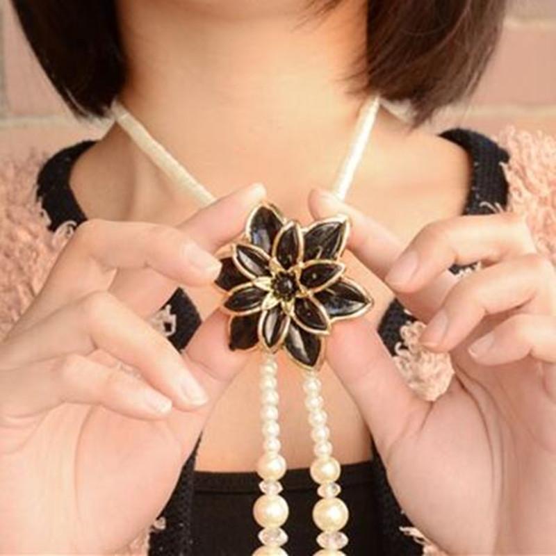 

Pendant Necklaces Elegant Women Jewellery Simulated Pearl Lotus Long Necklace Female Bridal Wedding Gifts Accessories Sweater Chain, Silver