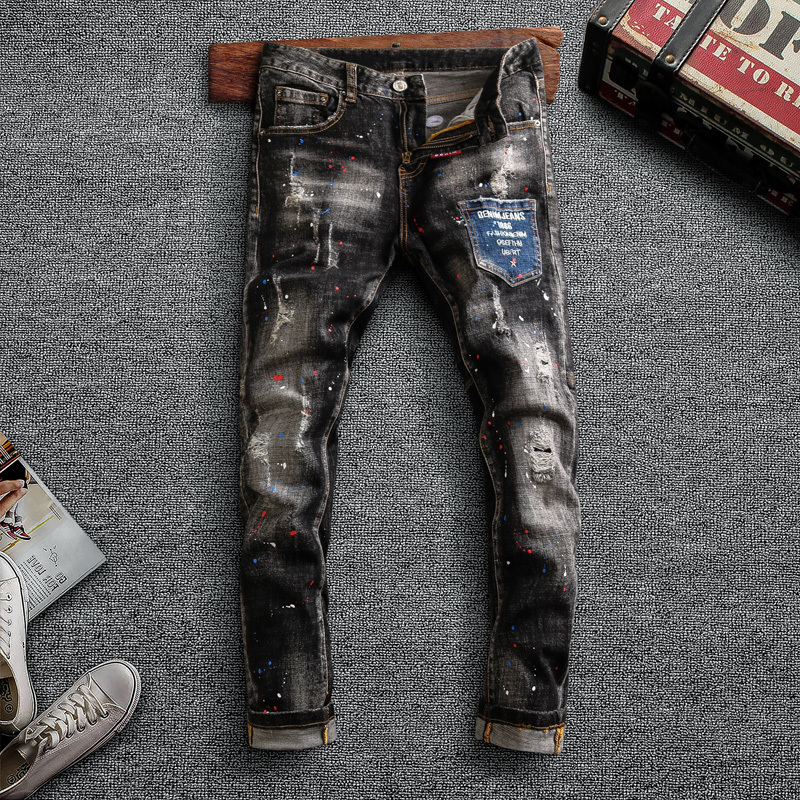 

2021 New Fashion Streetwear Men Jeans Elastic Slim Fit Ripped Cotton Denim Punk Trousers Retro Black Gray Designer Hip Hop Pencil Pants V517